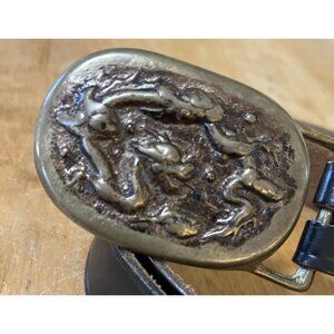 Solid Brass Abstract Vintage Belt Buckle With Dark Brown Leather Belt 34in